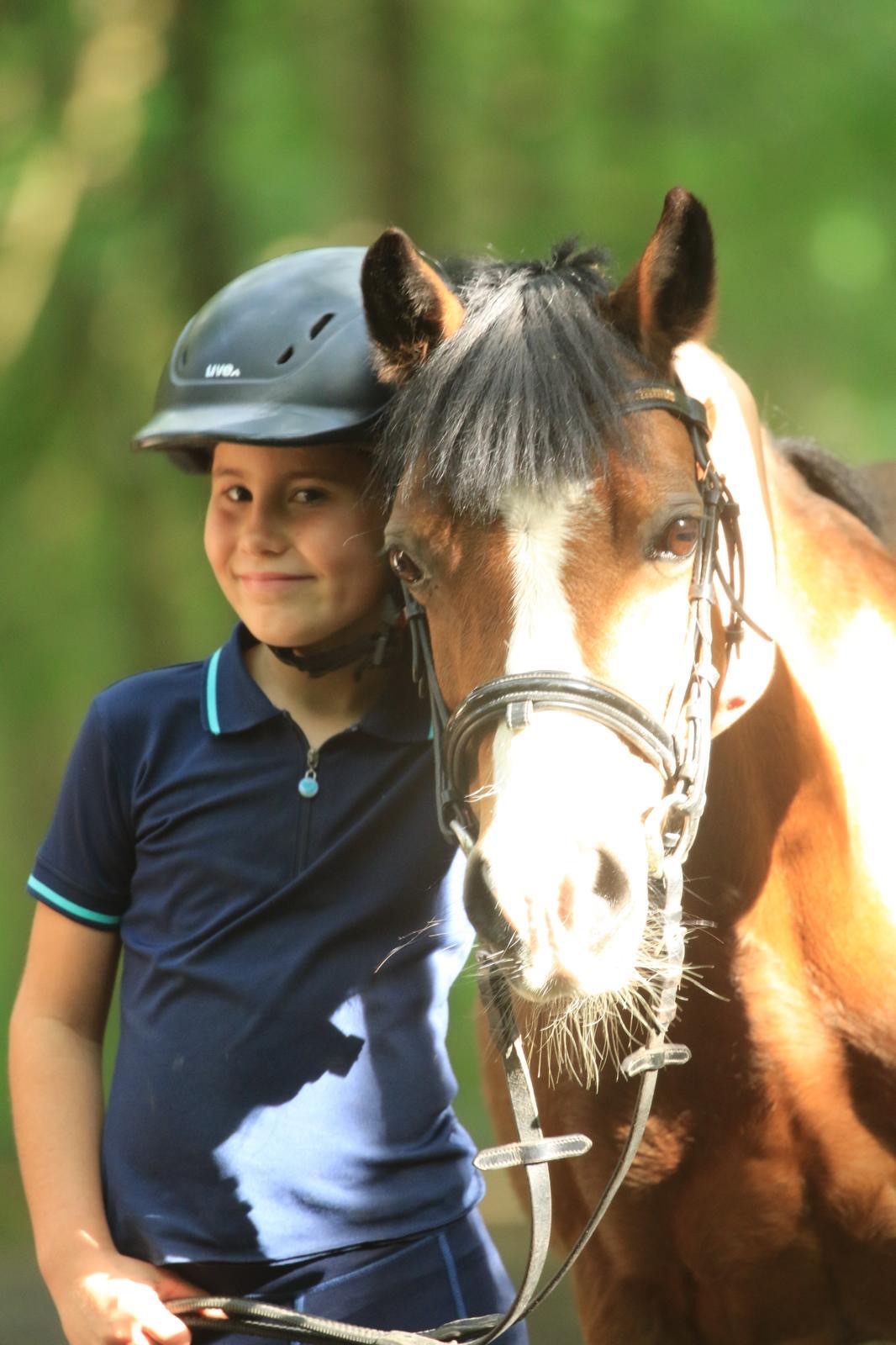 Young rider standing beside a pony in the sunlit Sussex countryside